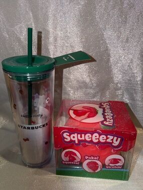 Green Starbuck Tumbler With Strawberry Squeeezy Squishy